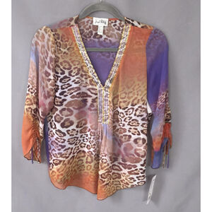 Joseph Ribkoff Top Size 14 Embellished Tunic Artsy Sheer Animal Print Blouse NEW